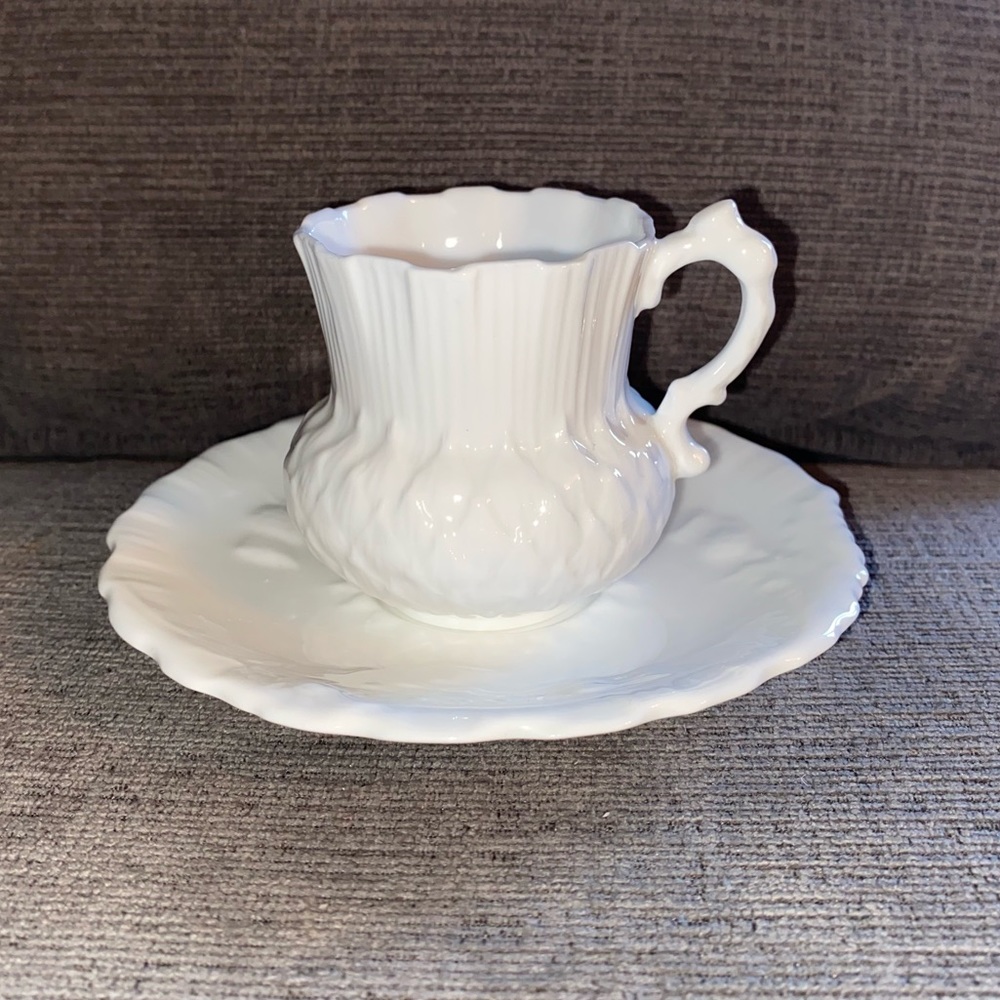 Vintage Hammersley White Porcelain Sunflower Floral Shaped Demitasse Cup Saucer